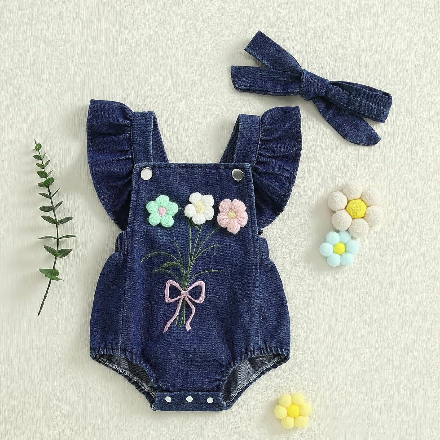 Newborn Baby Girl Romper Ruffle Fly Sleeve 3D Flower Embroidery Denim Jeans Bodysuit Heandband Summer Outfit Clothes