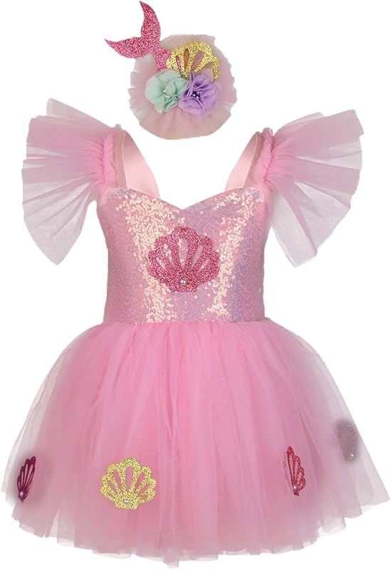 Kids Girls Mermaid Tutu Dress Outfit Fly Sleeve Tulle Patchwork A-line Dress with Headband