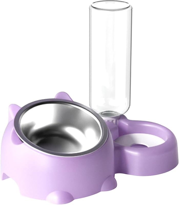 Double Dog Cat Bowls, Pets Water and Food Bowl Set, 15° Tilted Dishes with Water Dispenser, Pet Feeder Bowl Indoor for Kitten, Puppies, Small or Medium Size Dogs Cats (Grey)