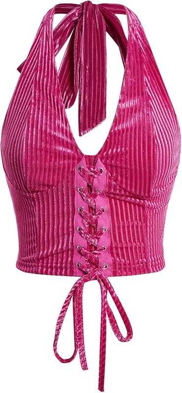Verdusa Women's Going Out Halter Corset Tops Sleeveless Lace Up Open Back Crop Top