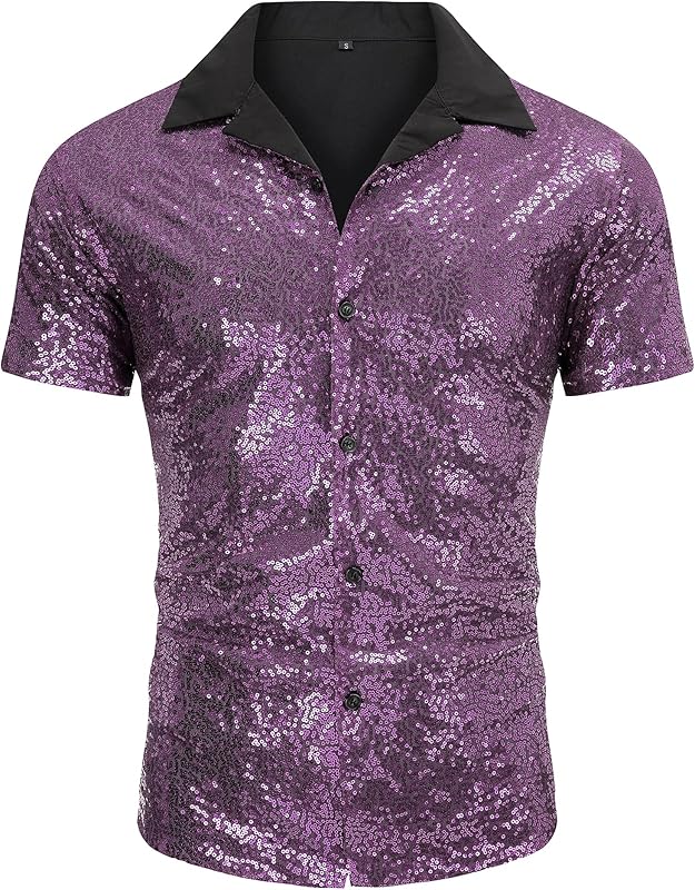 AstoSeu Men's Sequin Dress Shirt 70s Disco Costume Sparkle Party Short Sleeve Button Down Shirts