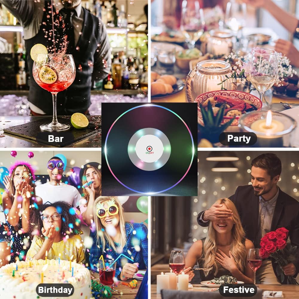 3 PCS Colorful LED Cocktail Coaster, Round Ultra-Thin LED Drink Coaster Luminous Coaster, 3.9-inch Non-Slip & Waterproof Transparent Beer Beverage Coasters for Club, Bar, Party Wedding Halloween