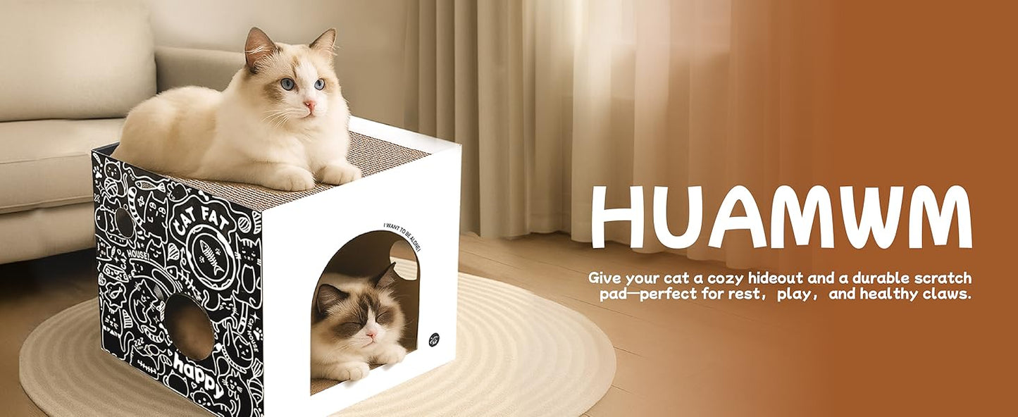 Dual-Level Cat Scratcher & Cozy Cat Cave House - Space-Saving Durable Corrugated Fiberboard for Indoor Cats, Furniture Protector with Adventure-Ready Design Cardboard Cat House