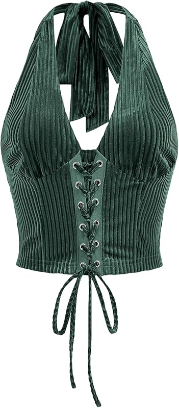 Verdusa Women's Going Out Halter Corset Tops Sleeveless Lace Up Open Back Crop Top