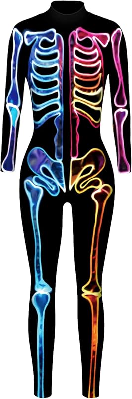 JJEUWE Women's Skeleton Halloween Bodysuit Costume Stretch Skinny Catsuit Jumpsuit