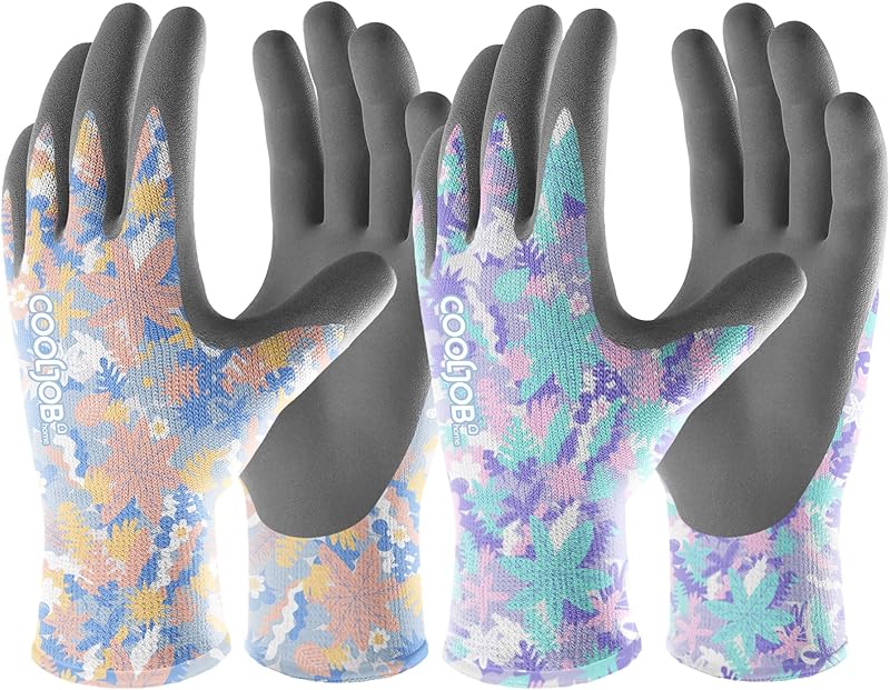 COOLJOB 6 Pairs Gardening Gloves for Women Ladies, Breathable Rubber Coated for Yard Garden, Outdoor Indoor Protective Work, Medium Size, Lavender Purple & Apple Green