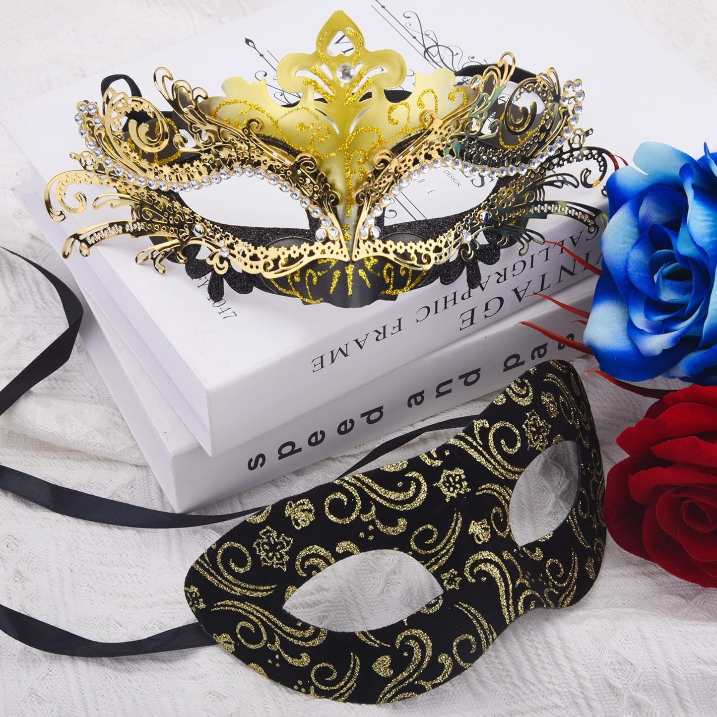 SIQUK Couple Masquerade Masks Metal Venetian Party Mask Halloween Costume Mask Mardi Gras Mask for Couples Women and Men