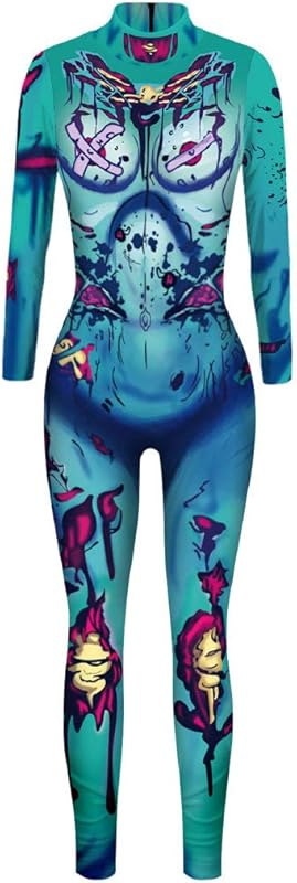 JJEUWE Women's Skeleton Halloween Bodysuit Costume Stretch Skinny Catsuit Jumpsuit