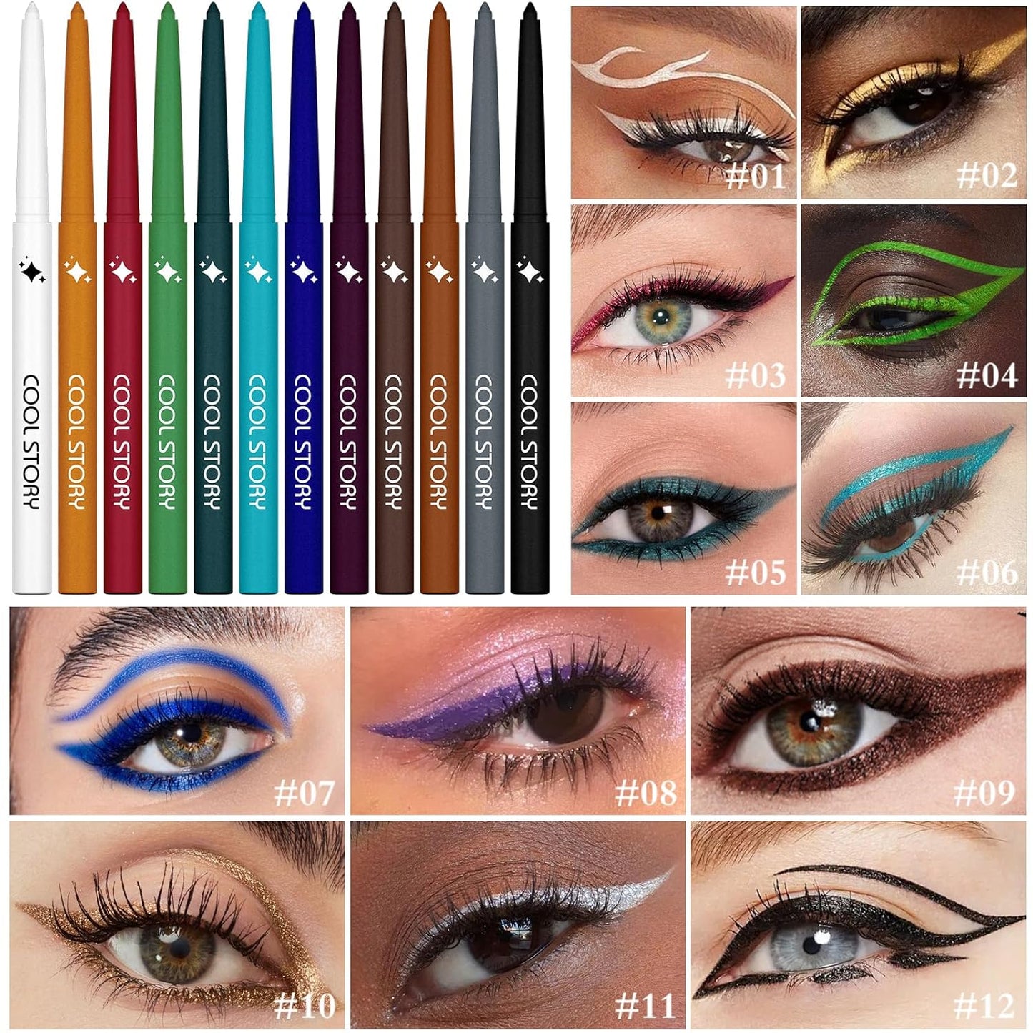 COOL STORY 12 Color Glossy Eyeliner Gel Pencil Eyebrow Pen Eye Makeup Waterproof Smudge Proof Long Lasting