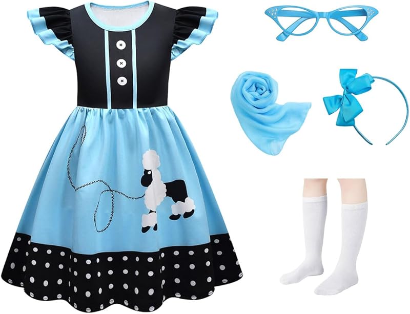 50s Costumes for Girls Kids Poodle Skirts with 4pcs Accessories, 9-12Y