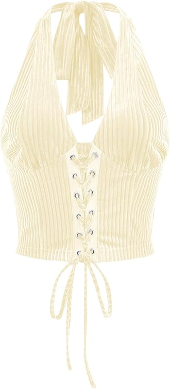 Verdusa Women's Going Out Halter Corset Tops Sleeveless Lace Up Open Back Crop Top