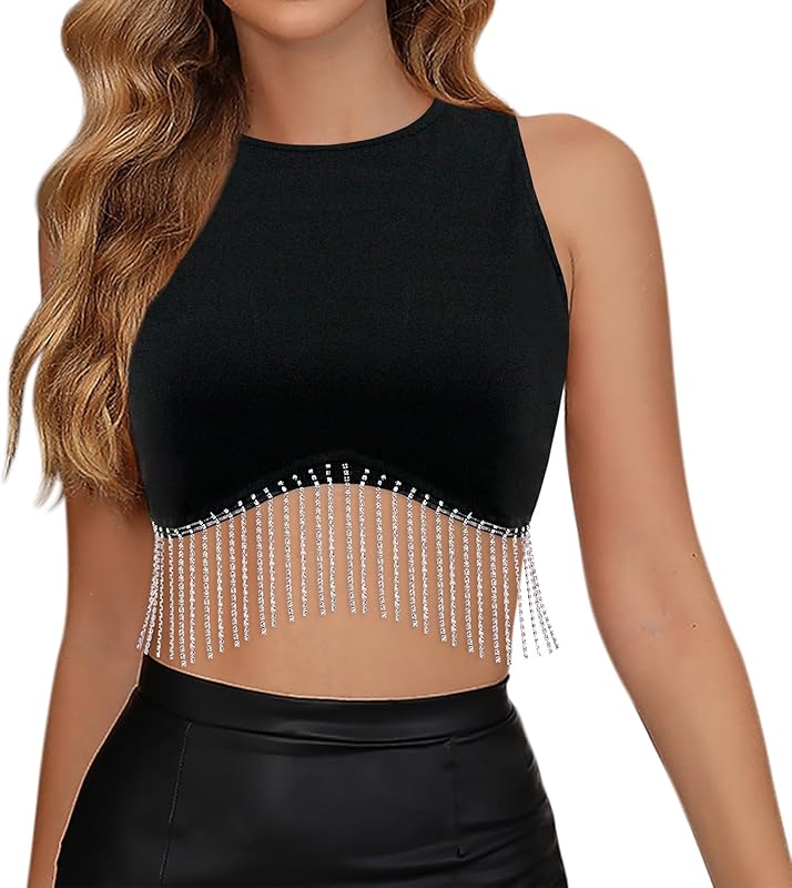 jascaela Women's Shiny Rhinestone Tassel Bustier Top Sleeveless Back Buckle Cami Corset Tops Rave Crop Top Clubwear