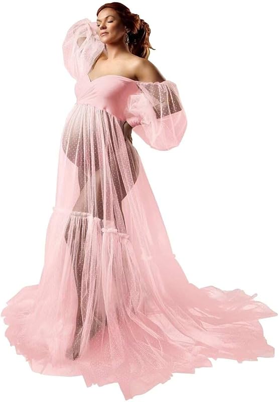 Off Shoulder Tulle Maternity Dress for Photoshoot Puffy Sleeve Wedding Bridal Pregnancy Robe Baby Shower Photography