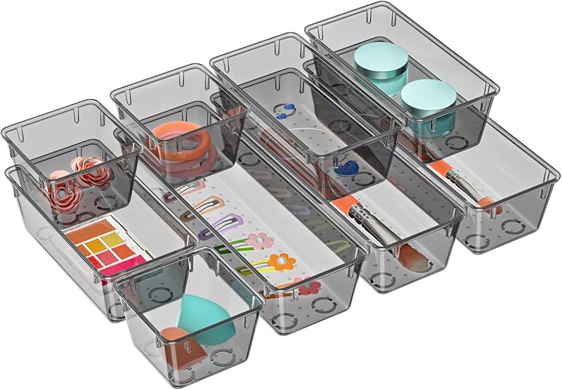 WOWBOX 6 Pack Clear Drawer Organizer Set, Acrylic Drawer Storage Trays, Storage Bins for Makeup, Cosmetics, Jewelries, Utensils, Gadgets, Office