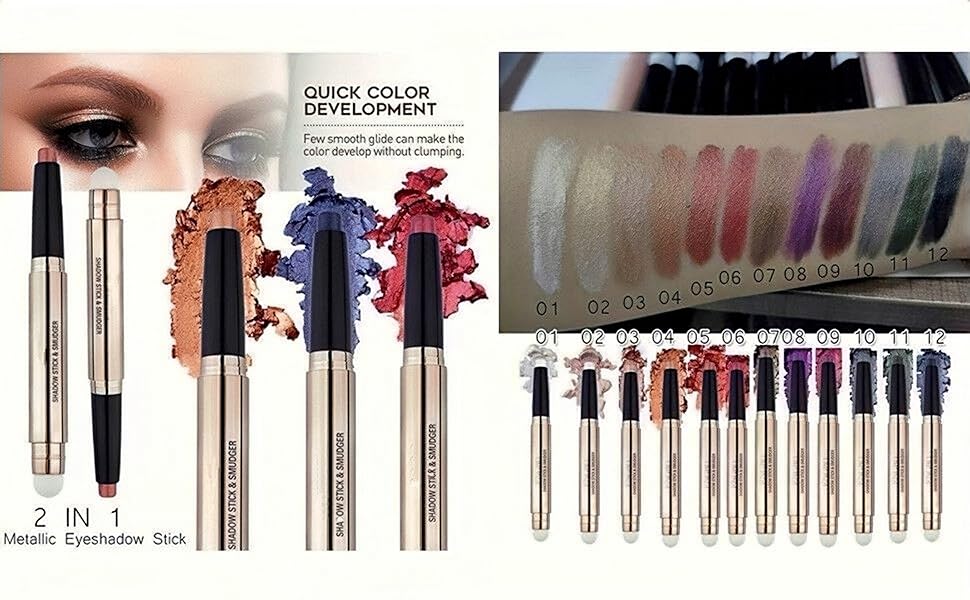2 in 1 eyeshadow stick and Sponge Makeup Brush, Smooth Cream Shimmer Shadow Pencil Long Lasting Waterproof Eye Shadow Highlighter Stick Makeup , Hypoallergenic Highlighter Multi-Dimensional eyes Look