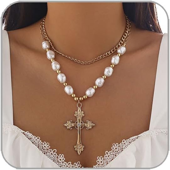 Gothic Cross Necklaces Layered Pearl Beads Cross Pendant Necklaces Punk Vintage Cross Chain Necklace Chunky Cross Necklace Gothic Jewelry for Women