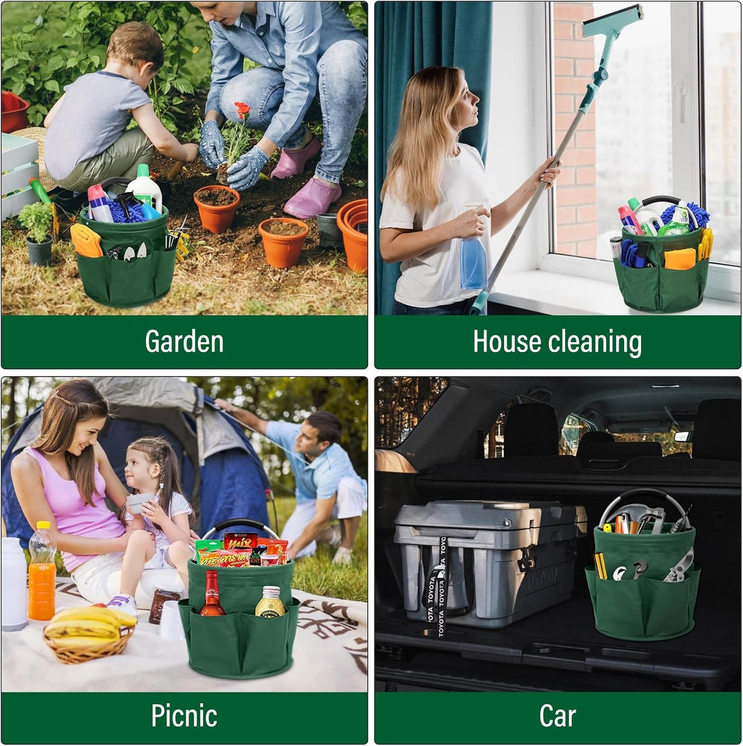 Multifunctional Folding Basket with Handles: Portable Picnic Baskets, Outdoor Beach Baskets, Garden Picking Baskets, Gift Baskets, Collapsible Bathroom Storage Baskets (Green)