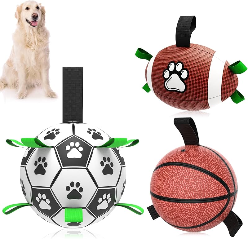 QDAN Dog Toys Balls, Dog Soccer Ball with Straps, Dog Birthday Gifts, Herding Ball, Durable Dogs Balls for Small Medium Pet, Puppy Outdoor Water Toy, World Cup Soccer (6 Inch)