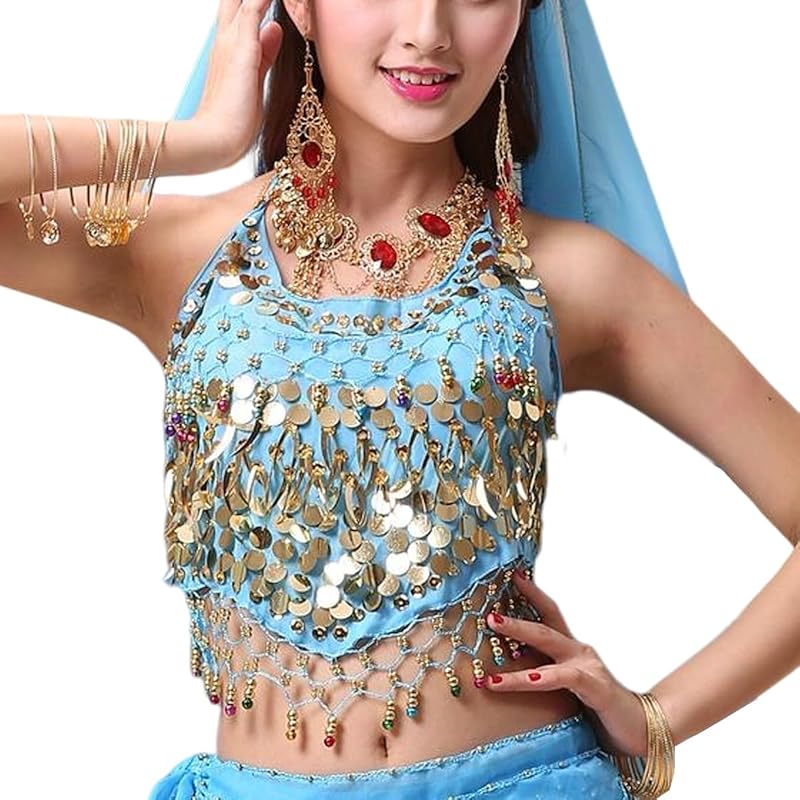 Women's Halter Neck Bra for Belly Dance, Backless Padded Camisole Halter Crop, Sequins Belly Dance Crop Top