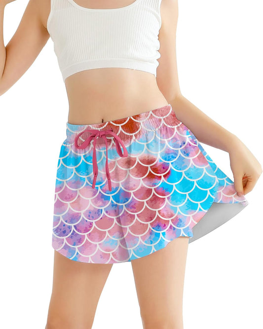Girls Flowy Athletic Shorts with Pocket Kids Spandex 2 in 1 Drawstring Butterfly Skorts for Cheer, Dance, Running