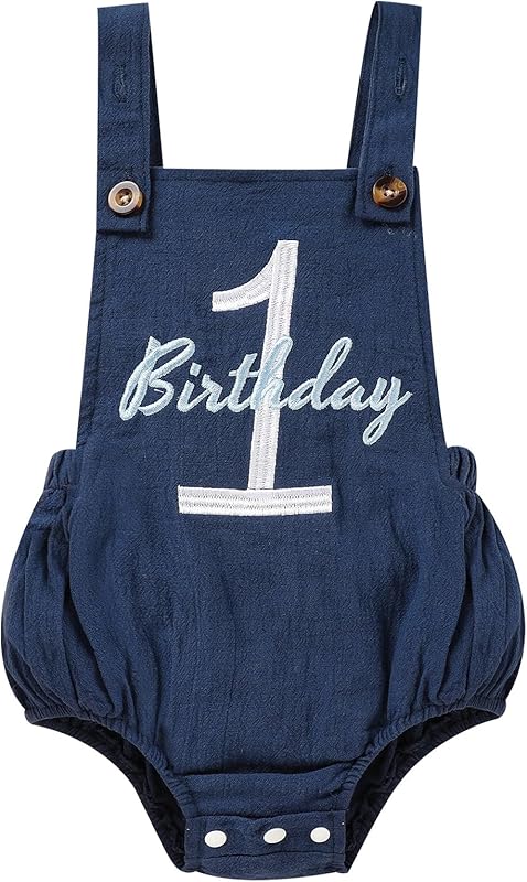 Baby Boys Girls 1st Birthday Romper Baby First Birthday Outfit Boy Solid Color Jumpsuit Cake Smash Outfit