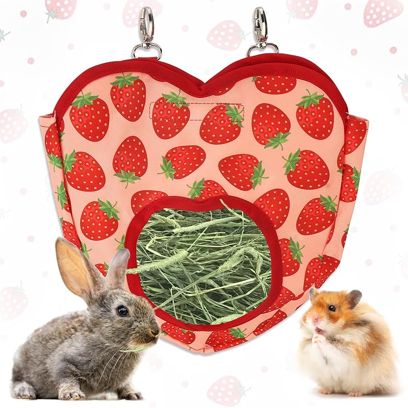 2 Packs Rabbit Hay Feeder Bag Strawberry Avocado Guinea Pig Hanging Hay Feeding Bag with 2 Holes Pet Storage Dispenser for Chinchilla Hamster Bunny Small Pet Animals