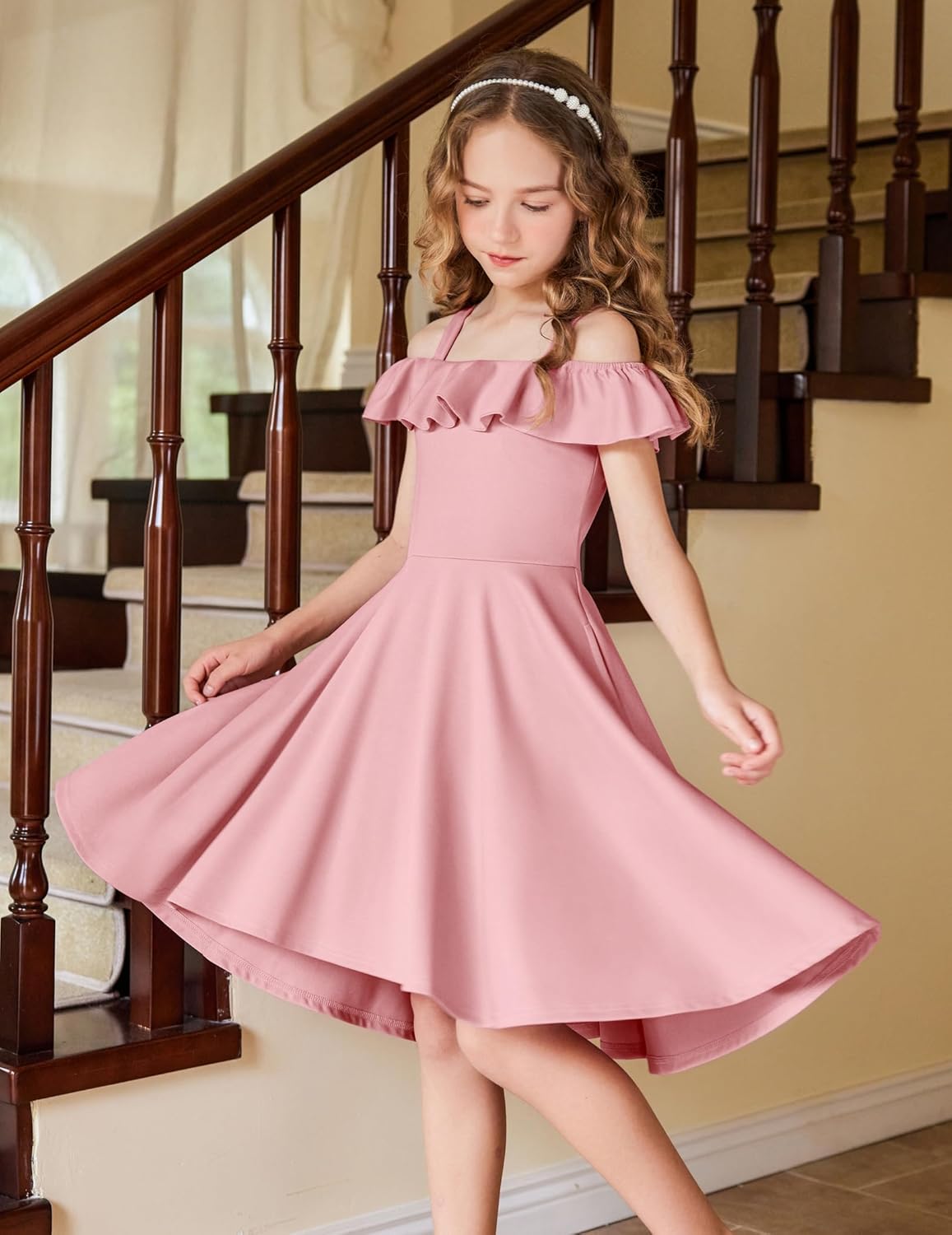 Arshiner Girls Summer Dress Off Shoulder Children's Dress Ruffle Sleeves Elegant Strap Dress Children A Line Swing Dress High Low Dress Casual Dresses with Pocket 4-13Years