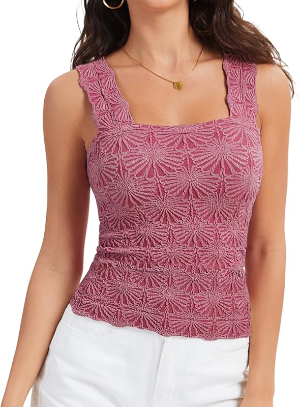 Women's Square Neck Wide Strap Crop Tank Tops Slim Fit Sleeveless Going Out Top Flower Lettuce Trim Cami Tops