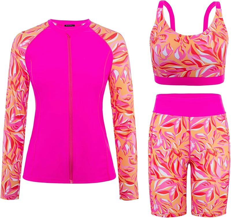Arolina Womens Rash Guard Long Sleeve Swim Shirts Swimsuit 2025 Bathing Suit with Womens Swim Shorts & Two Pockets