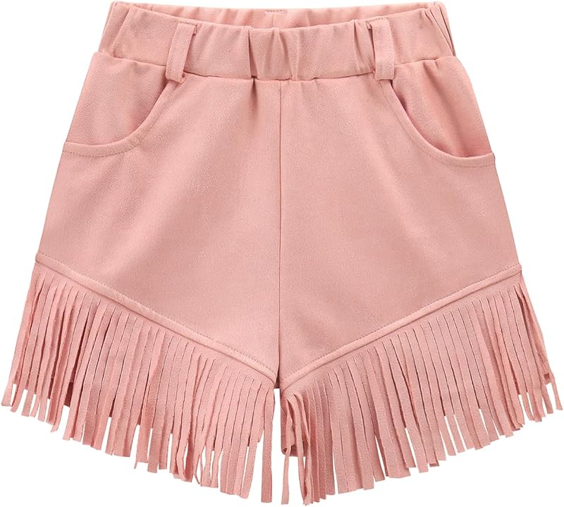 Noomelfish Kids Faux Suede Fringe Shorts Tassel Cowgirl Outfits with Pockets (5-12 Years)