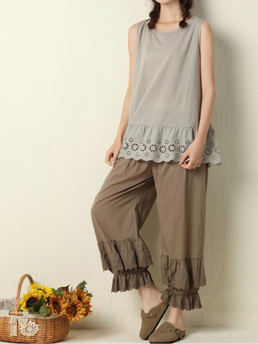 Vintage Lace Pettipants Slips Embroidery Flower Womens Lightweight Cotton Linen Bloomer Shorts Lounge Short Pants