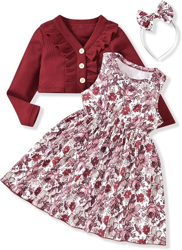 HINTINA Toddler Little Girls Dress And Cardigan Sets 2 Piece Floral Print Sleeveless Dress and Long Sleeve Cardigan Set