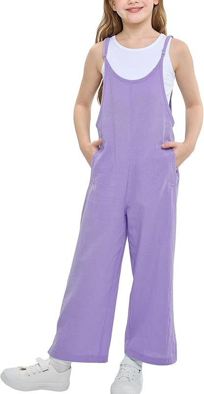 Rolanko Girls Jumpsuit Adjustable Spaghetti Strap Loose Overalls Rompers, Cotton Baggy Plain Playsuits with Pockets for Age 5-12 Years