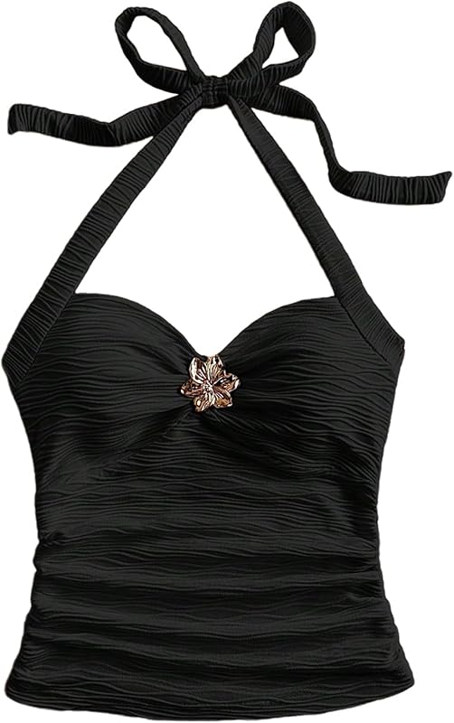 SOLY HUX Women's V Neck Halter Tops Open Back Y2k Ruched Floral Metal Summer Going Out Cami Tops