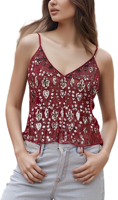 Women Y2K Sequin Cami Top Sexy Sparkly V Neck Tank Top Backless Glitter Crop Tops Floral Rhinestone Clubwear