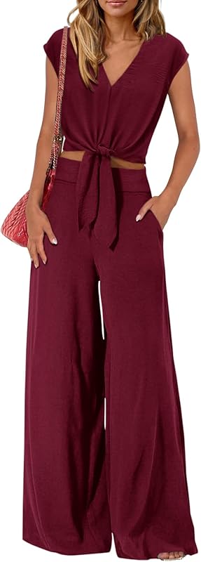PRETTYGARDEN Women's Summer 2 Piece Outfits 2025 Cap Sleeve V Neck Belted Crop Tops Wide Leg Pant Sets Casual Tracksuit