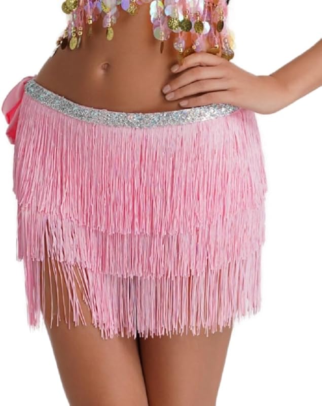 Women Belly Dance Skirt Tassel Fringe Skirts Sparkly Sequin Hip Scarf Party Costume