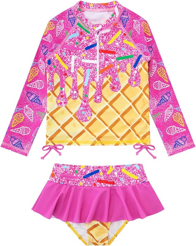 Vieille Toddler Girls Swimsuit 2 Piece Rash Guard Sets Long Sleeve Bathing Suit with UPF 50+ Sun Protection 2-6 Years