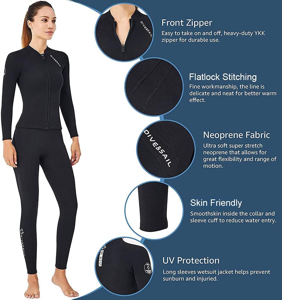 Wetsuit Top Women Men 2MM Neoprene Wetsuit Jacket Long Sleeve Diving Surfing Top, 3MM 1.5MM Wetsuits Shirt Vest Scuba Swimming Snorkeling Suit Swimsuit Warm Front Zip for Water Sports