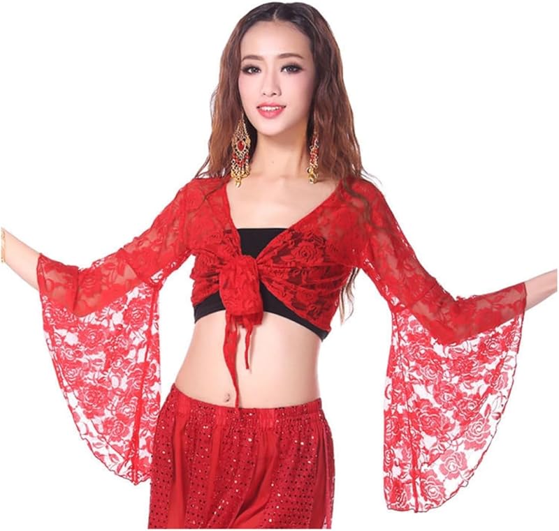 Women Belly Dance 3/4 Flared Sleeve Wrap Top, Knot Bandage Floral Shawl Crop for Dancewear, Lace Butterfly Tribal Yoga Costume Accessories for Women Girls