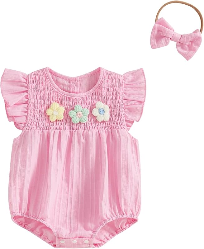Newborn Baby Girl Outfits Cute 3D Knit Floral Summer Clothes Infant Fly Sleeve Bubble Romper Headband Clothing