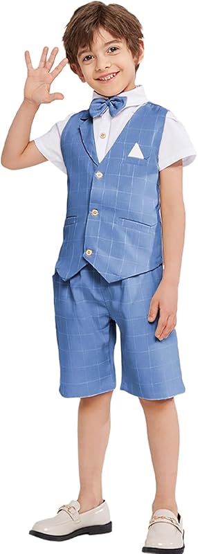 Summer Boys Suit Dress Clothes Kids Wedding Ring Bearer Outfit 4Pcs Shirt Vest Shorts Set