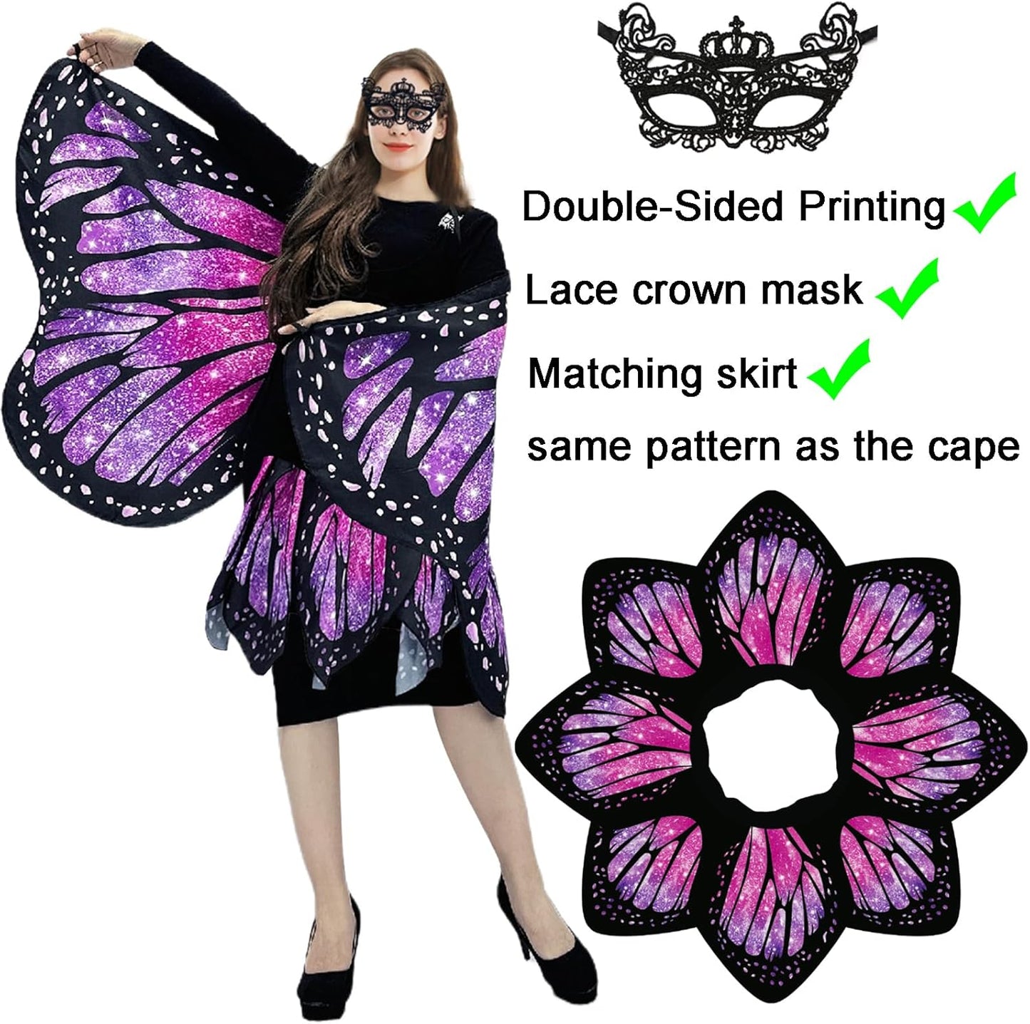 Butterfly Costumes for Women - Double-Sided Printing Butterfly Wings Cape with Skirt for Adults Halloween Costumes