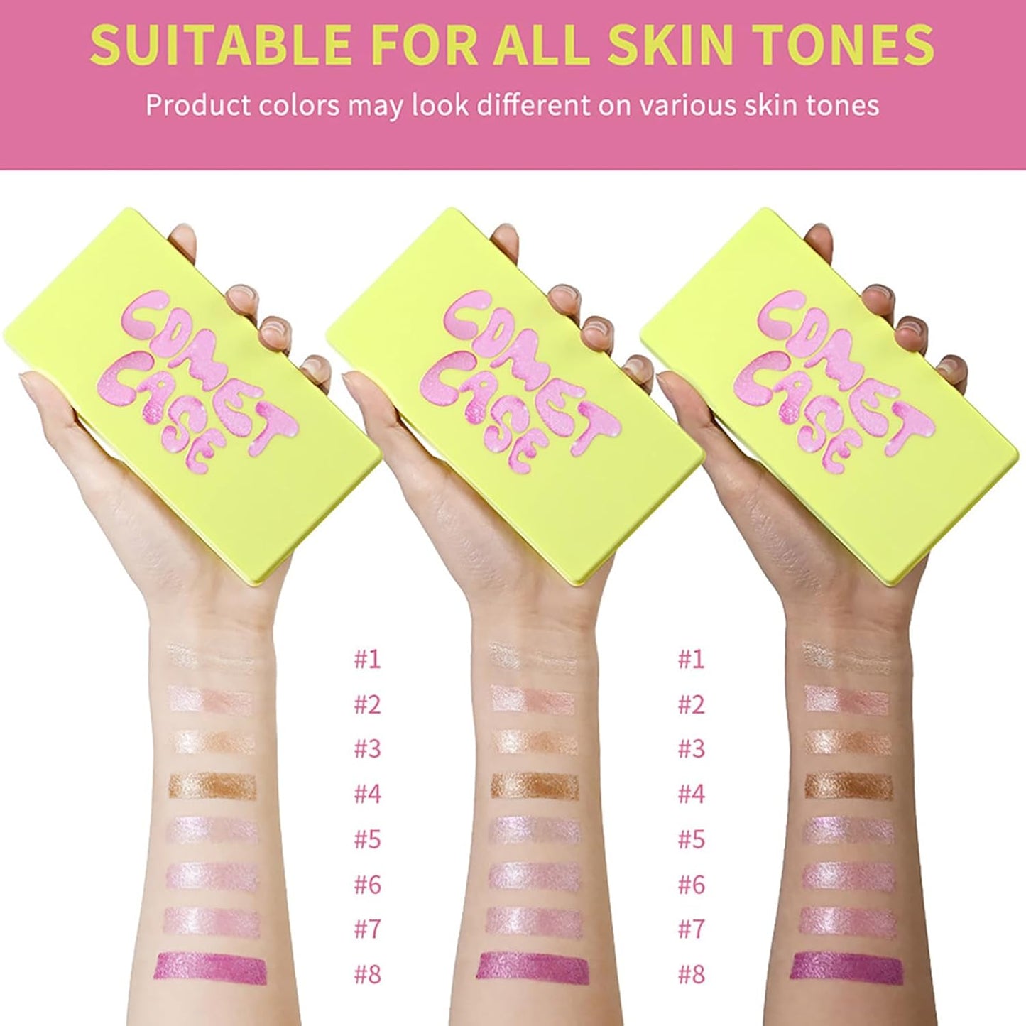 Highlighter Curve Comet Case, 8 Colors Cream Highlighter Shimmer Glow Silver Gold Blossom Glowy Finish Makeup Palette