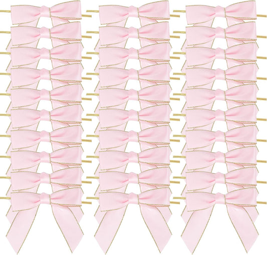 AIMUDI Pink Bows 3.5" Premade Satin Ribbon Bows with Gold Edge Pre-Tied Twist Tie Bows for Gift Wrapping Crafts Treat Bags Baby Shower Wedding Party Decorations, 50 Counts