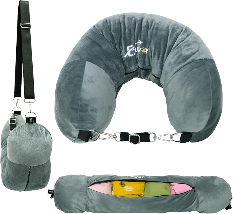 Travel Neck Pillow Stuffable with Clothes, Stuffable Neck Pillow for Travel, Packable Fillable Storage Bag for Airplane Travel, Soft Velvet Neck Pillow Case Cover