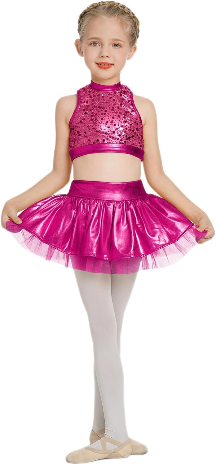 IBAKOM Girls Sequins Dance Outfits Halter Metallic Crop Top Camisole Tutu Skirt Hip Hop Clothes Kids Jazz Dance Costume