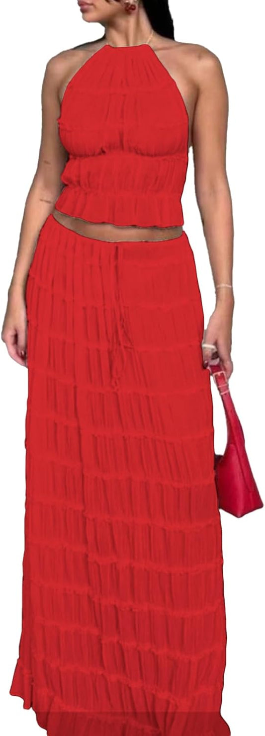Unybwonn Maxi Skirt Set Summer Two Piece Outfits Backless Backless Halter Top Pleated Flowy Long Skirts Y2k Beach Set