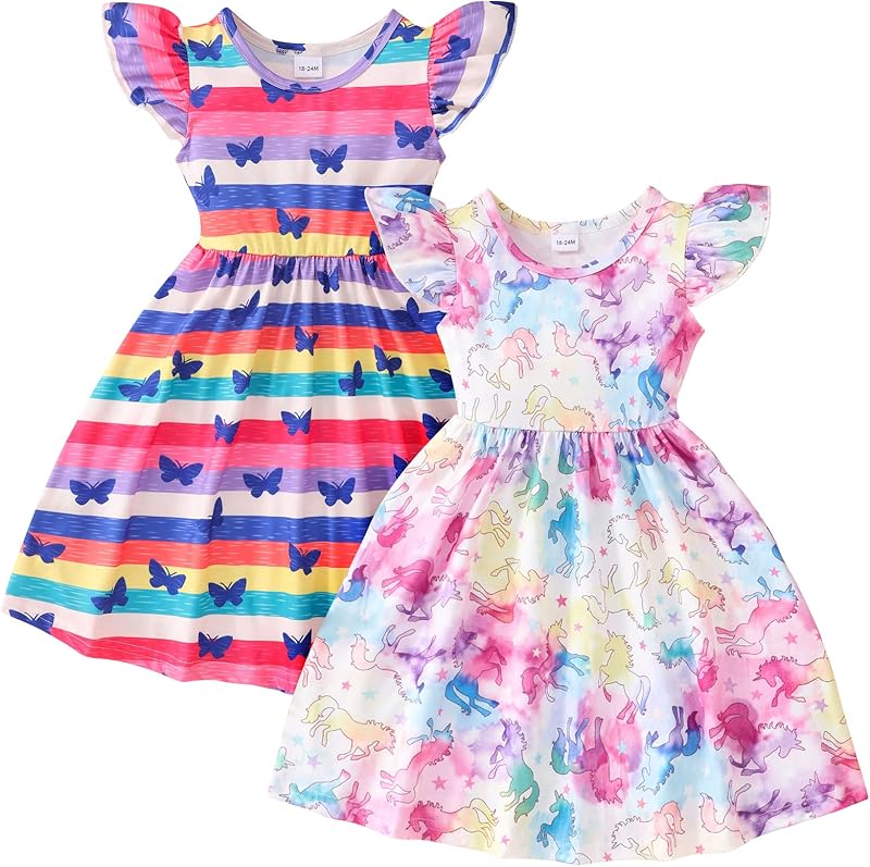 Toddler Little Girls Casual Dresses Short Sleeve Crew Neck Graphic Cartoon Dress for 2-8 Years