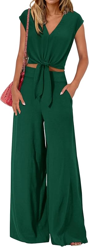 PRETTYGARDEN Women's Summer 2 Piece Outfits 2025 Cap Sleeve V Neck Belted Crop Tops Wide Leg Pant Sets Casual Tracksuit